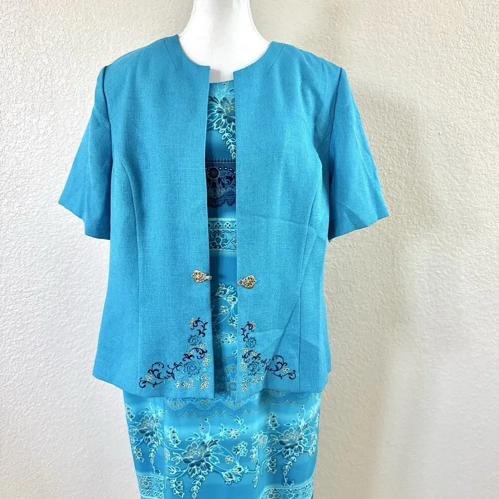 Koret Dress Turquoise Floral Maxi Dress Jacket Set Embroidered 2 Piece Womens 16